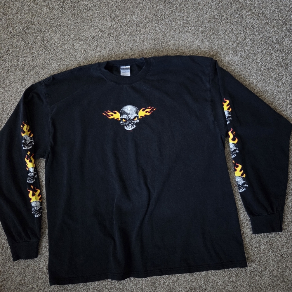 Vintage Y2K Grunge Flaming Skull Fire Goth Long Sleeve Tshirt XXL Gildan Heavywe - Picture 2 of 13